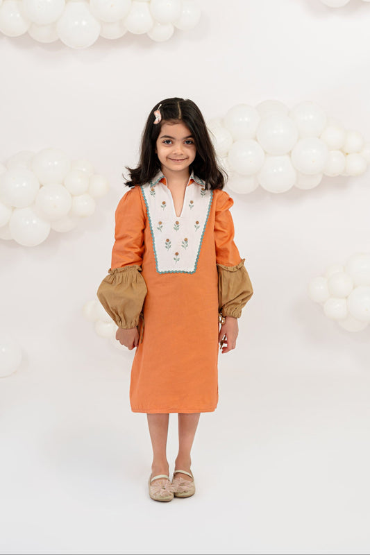 PLAYFUL PETALS PUFF SLEEVE ORANGE DRESS