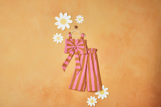 BROAD STRIPES BIG BOW PINK & BROWN CORD SET