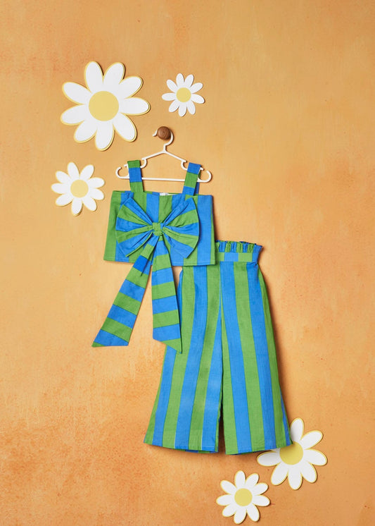 BROAD STRIPES BIG BOW BLUE AND GREEN CORD SET