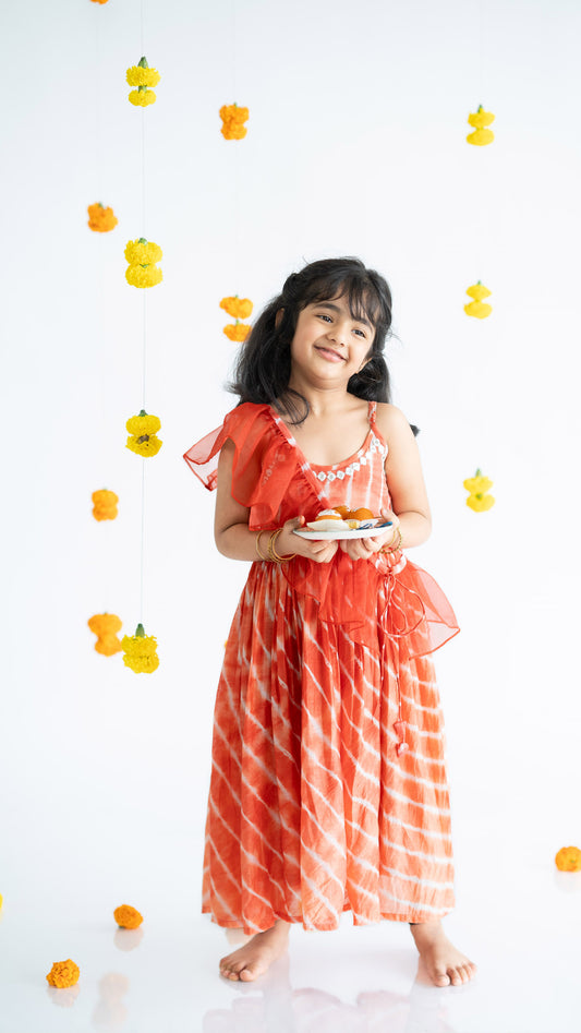 Tangerine Gown With Frill Dupatta