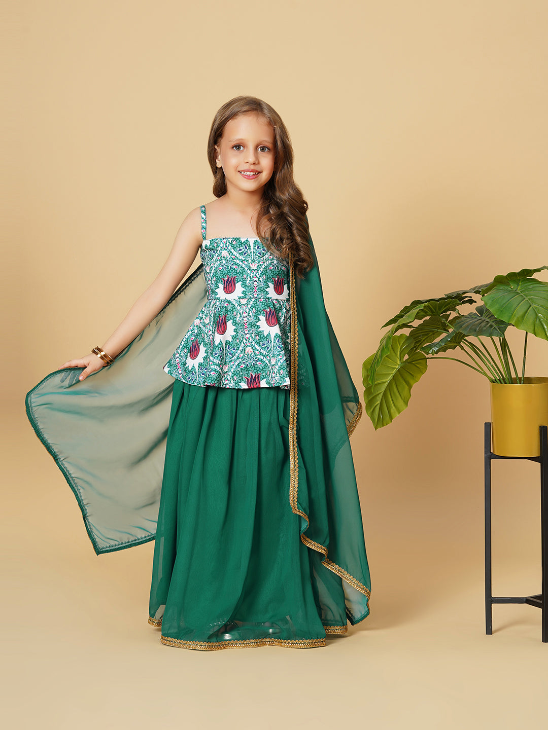 Three Piece Green Party Wear Lehnga Top Dupatta set