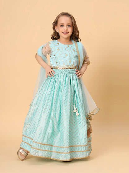 Three Piece Aqua Blue Party Wear Lehnga Top Dupatta set