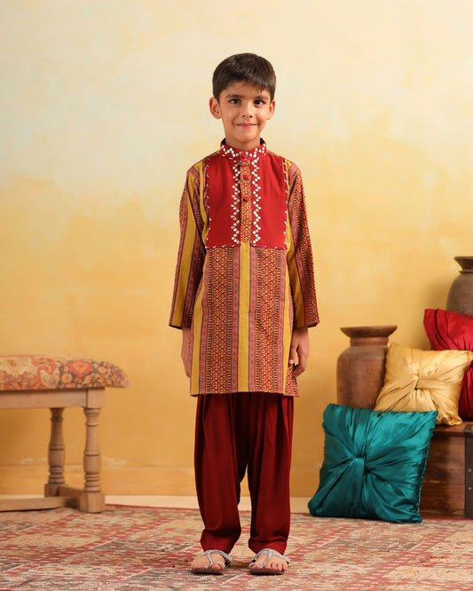 BOY 2 PC DHOLA MARU KURTA PATIYALA  SET- MUSTARD YELLOW