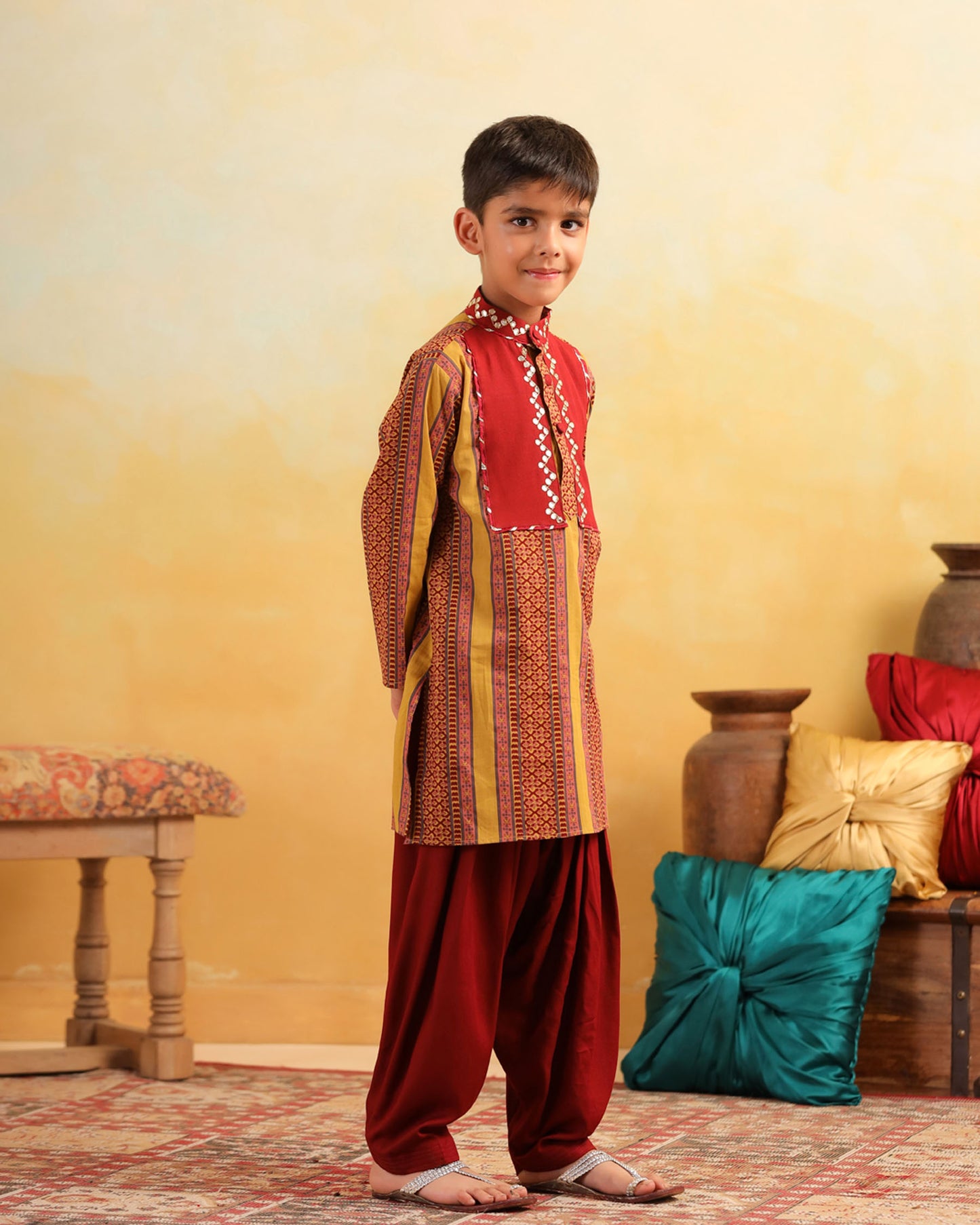 BOY 2 PC DHOLA MARU KURTA PATIYALA  SET- MUSTARD YELLOW