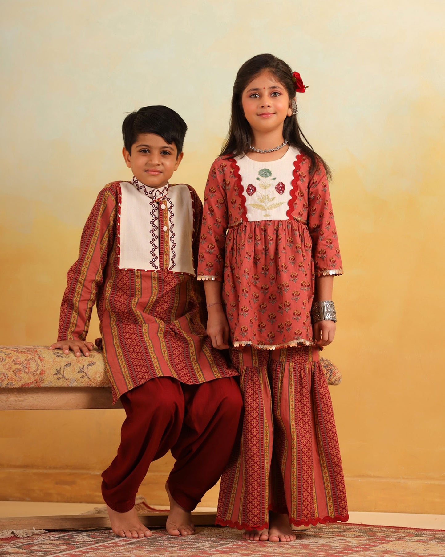 GIRL DHOLA MARU EMBROIDERED SHARARA SET-PEACHISH PINK
