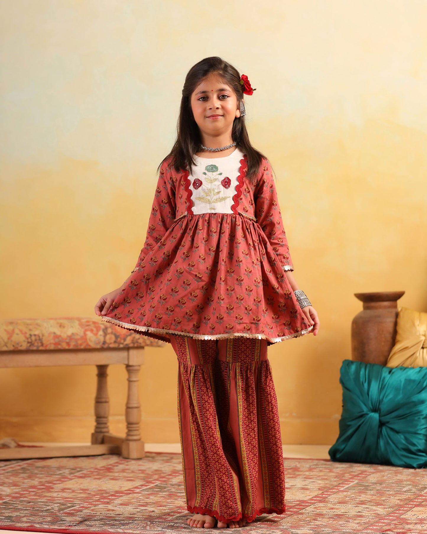 GIRL DHOLA MARU EMBROIDERED SHARARA SET-PEACHISH PINK