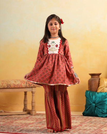 GIRL DHOLA MARU EMBROIDERED SHARARA SET-PEACHISH PINK