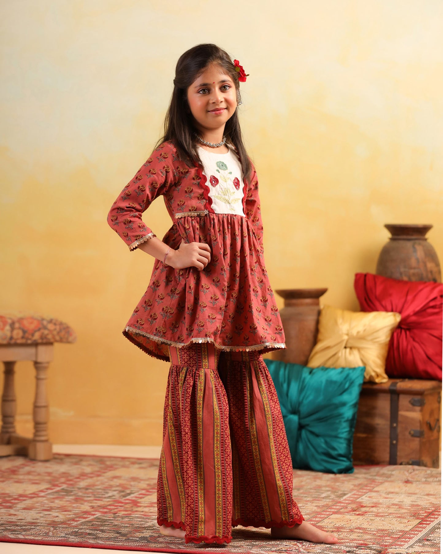 GIRL DHOLA MARU EMBROIDERED SHARARA SET-PEACHISH PINK