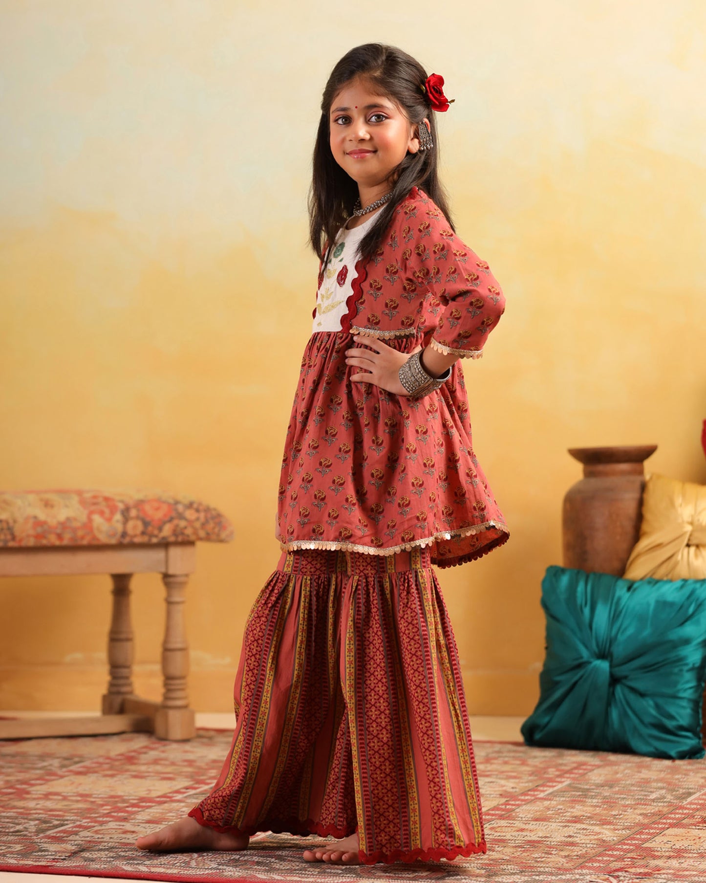 GIRL DHOLA MARU EMBROIDERED SHARARA SET-PEACHISH PINK