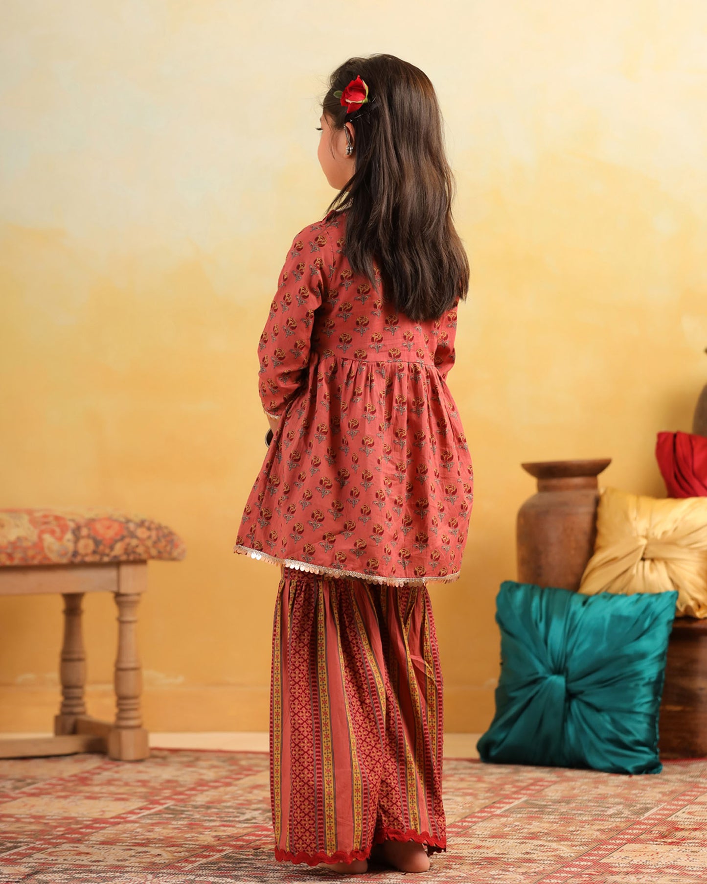 GIRL DHOLA MARU EMBROIDERED SHARARA SET-PEACHISH PINK