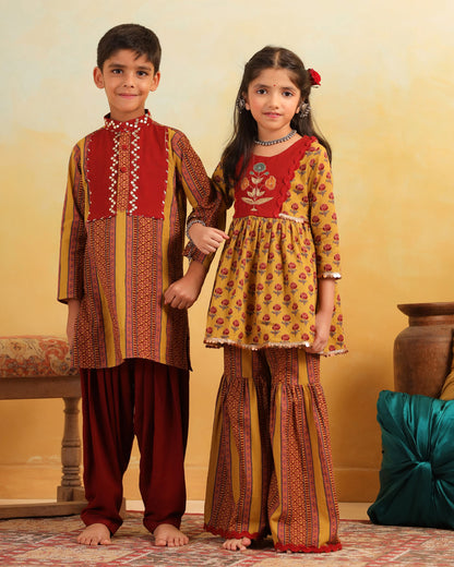 GIRL DHOLA MARU EMBROIDERED SHARARA SET-MUSTARD YELLOW