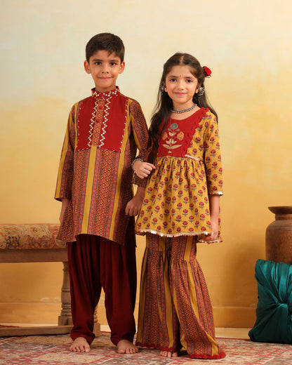 GIRL DHOLA MARU EMBROIDERED SHARARA SET-MUSTARD YELLOW