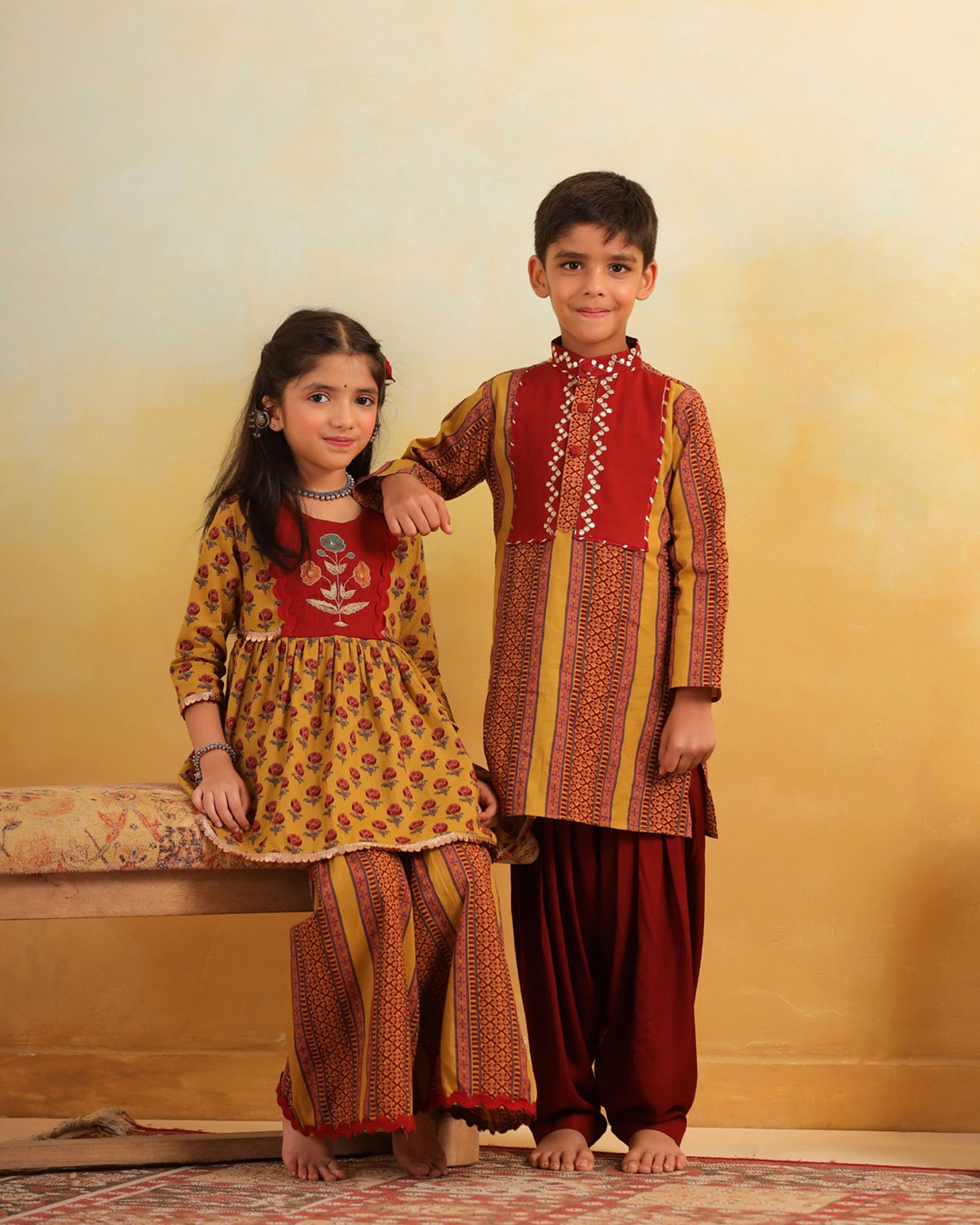 GIRL DHOLA MARU EMBROIDERED SHARARA SET-MUSTARD YELLOW