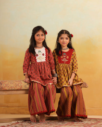 GIRL DHOLA MARU EMBROIDERED SHARARA SET-MUSTARD YELLOW