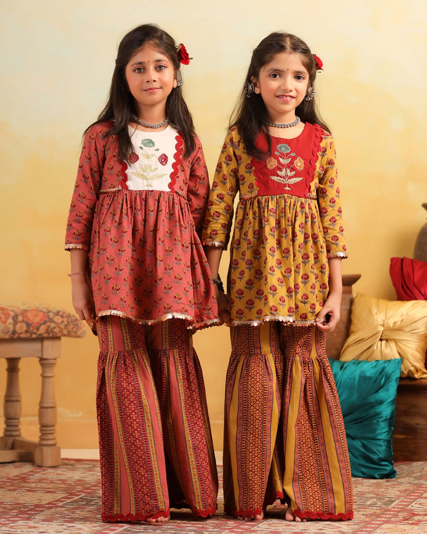 GIRL DHOLA MARU EMBROIDERED SHARARA SET-MUSTARD YELLOW