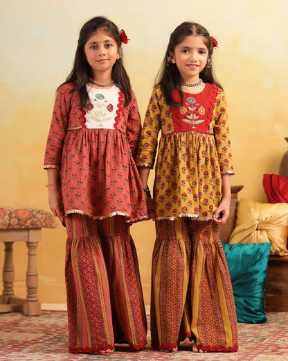 GIRL DHOLA MARU EMBROIDERED SHARARA SET-MUSTARD YELLOW