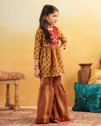 GIRL DHOLA MARU EMBROIDERED SHARARA SET-MUSTARD YELLOW