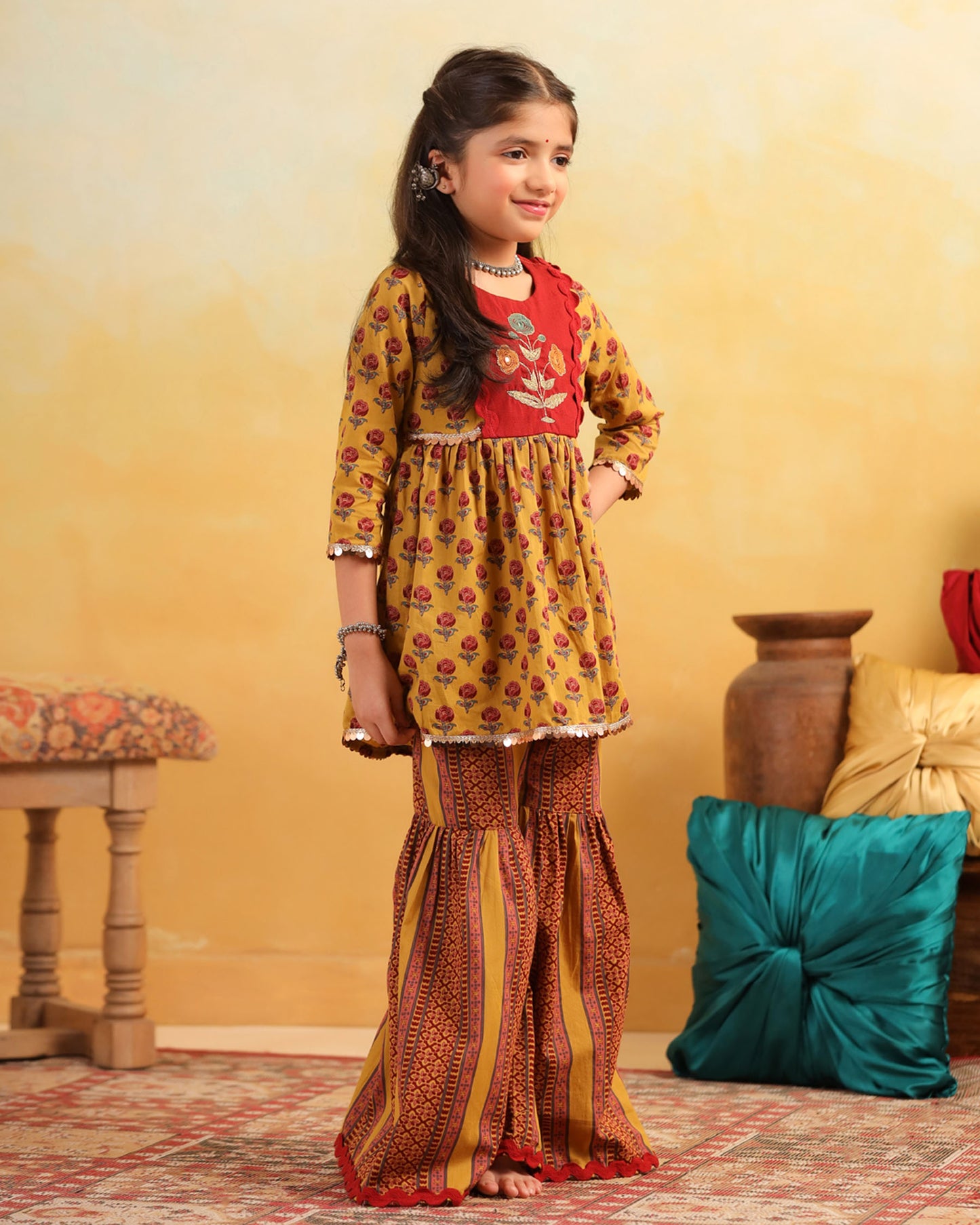 GIRL DHOLA MARU EMBROIDERED SHARARA SET-MUSTARD YELLOW