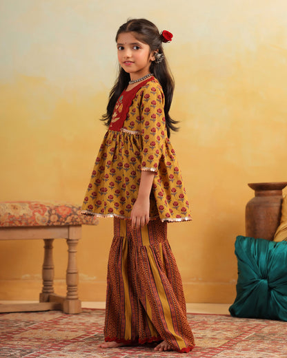 GIRL DHOLA MARU EMBROIDERED SHARARA SET-MUSTARD YELLOW