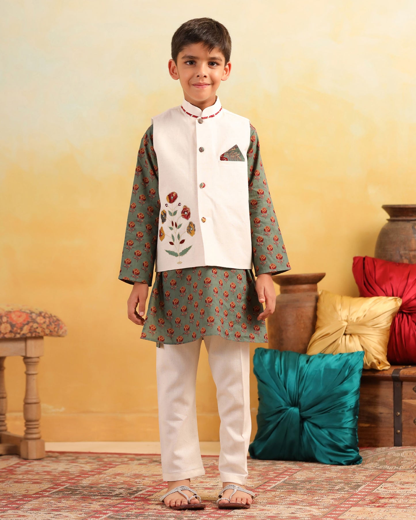BOY DHOLA MARU EMBROIDERY BUNDY SET- BEIGE AND GREEN