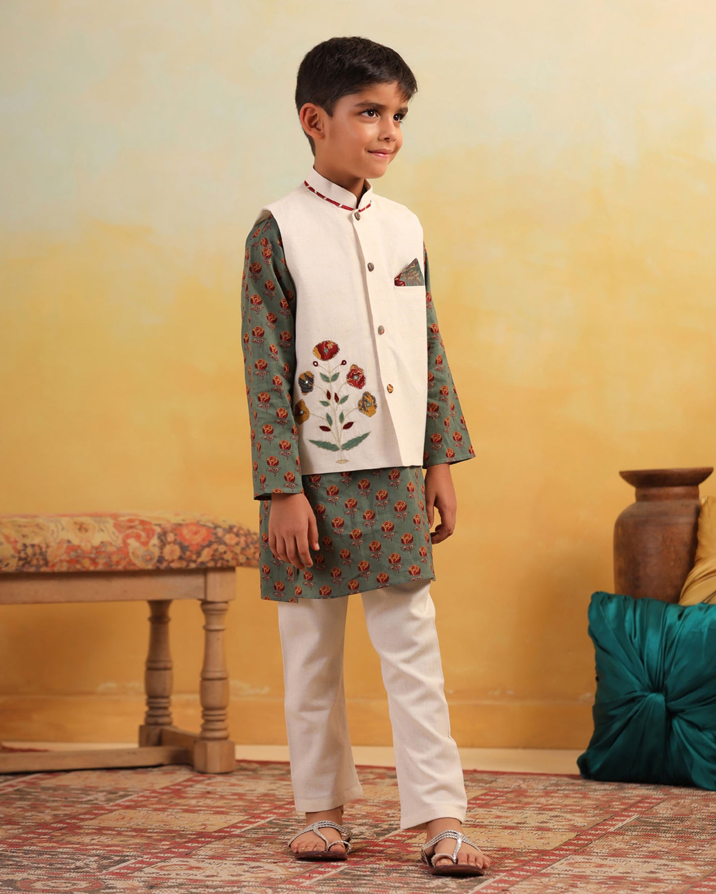 BOY DHOLA MARU EMBROIDERY BUNDY SET- BEIGE AND GREEN