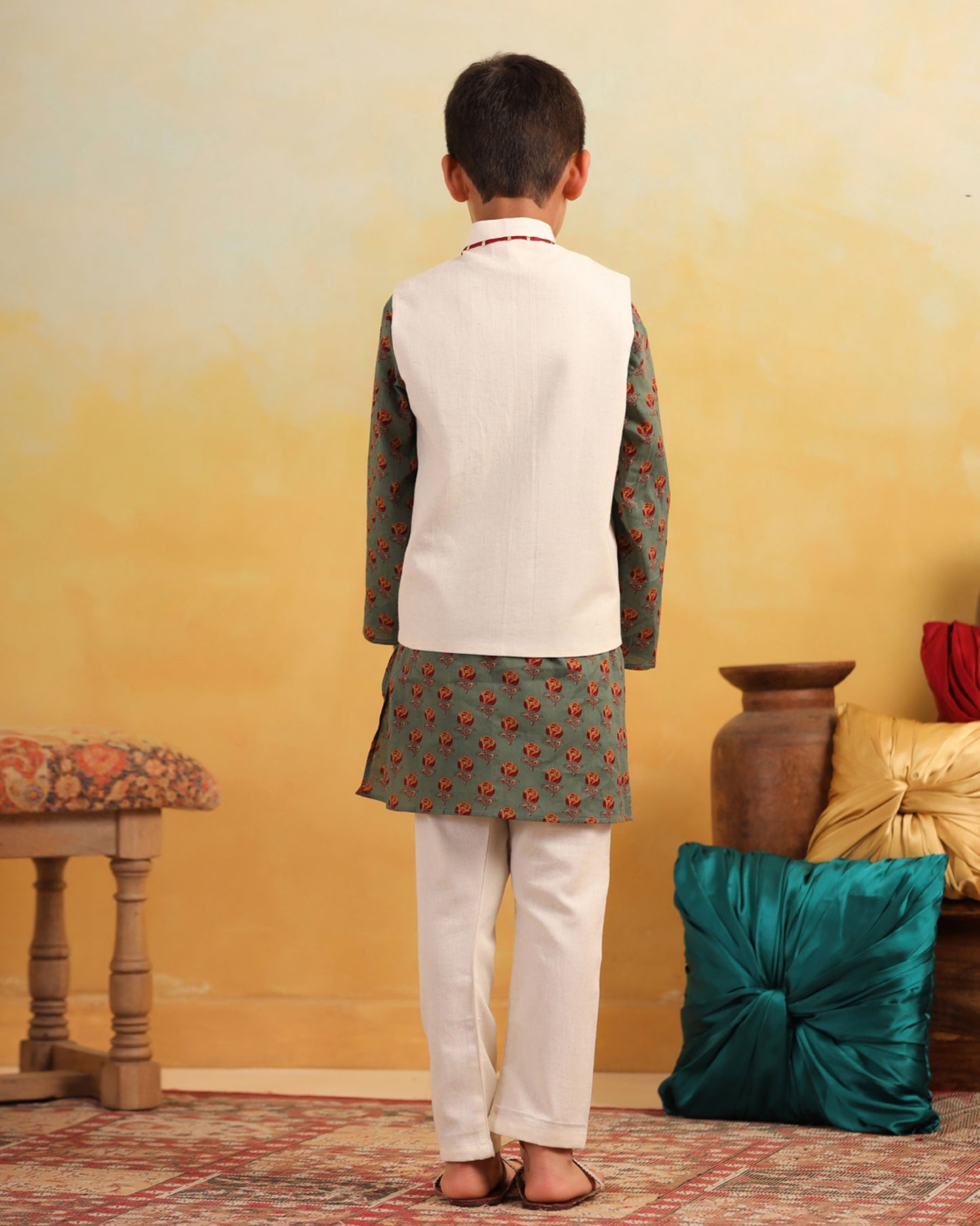 BOY DHOLA MARU EMBROIDERY BUNDY SET- BEIGE AND GREEN