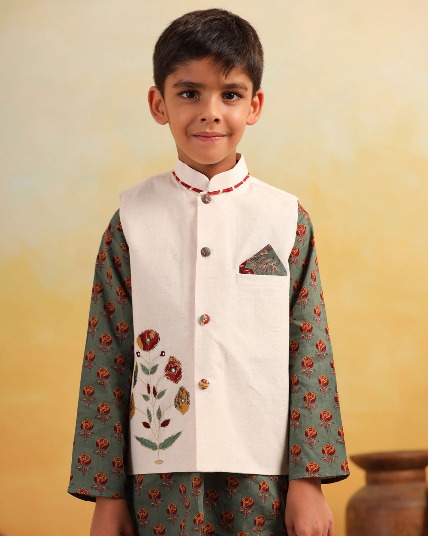 BOY DHOLA MARU EMBROIDERY BUNDY SET- BEIGE AND GREEN