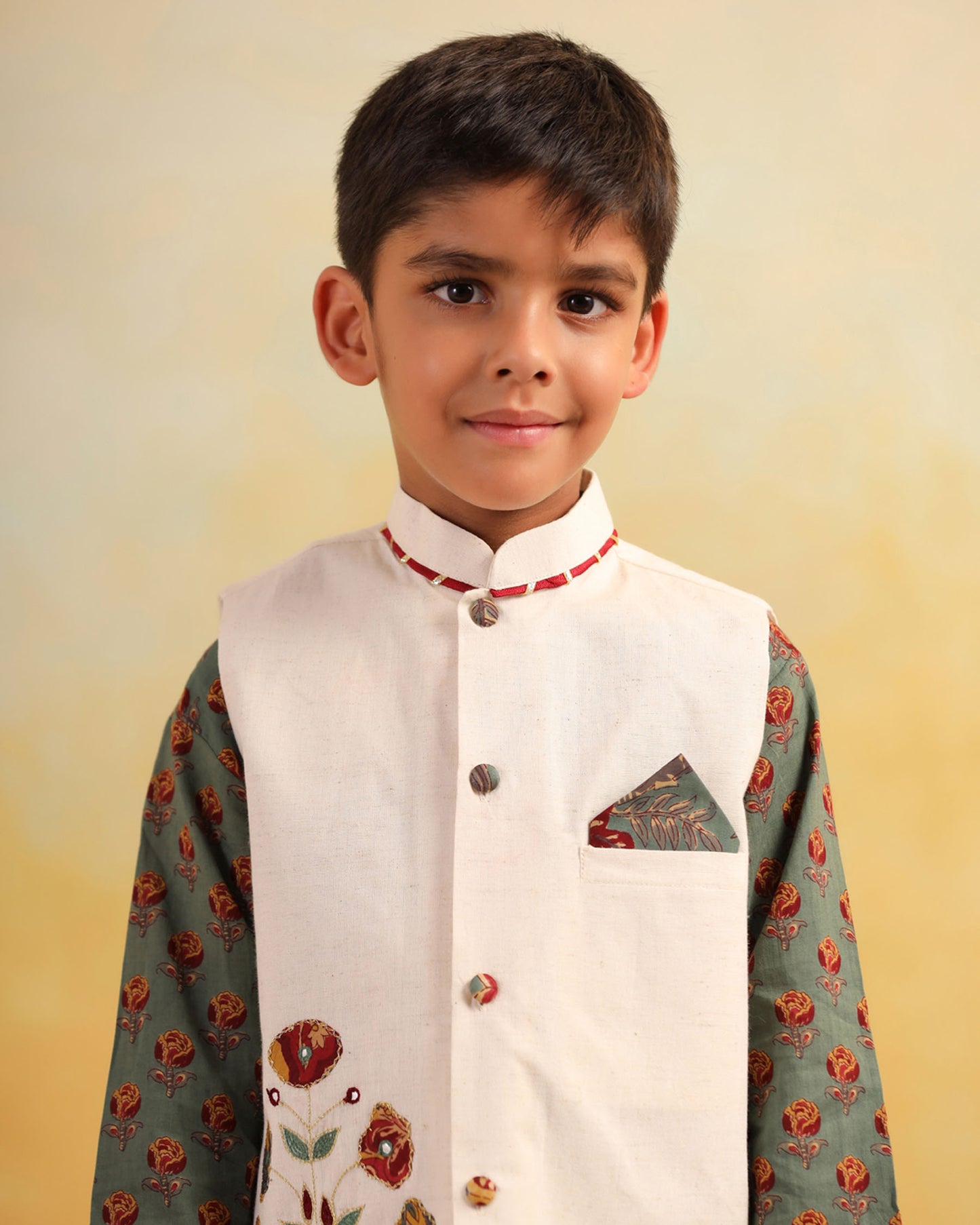 BOY DHOLA MARU EMBROIDERY BUNDY SET- BEIGE AND GREEN