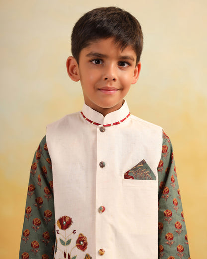 BOY DHOLA MARU EMBROIDERY BUNDY SET- BEIGE AND GREEN