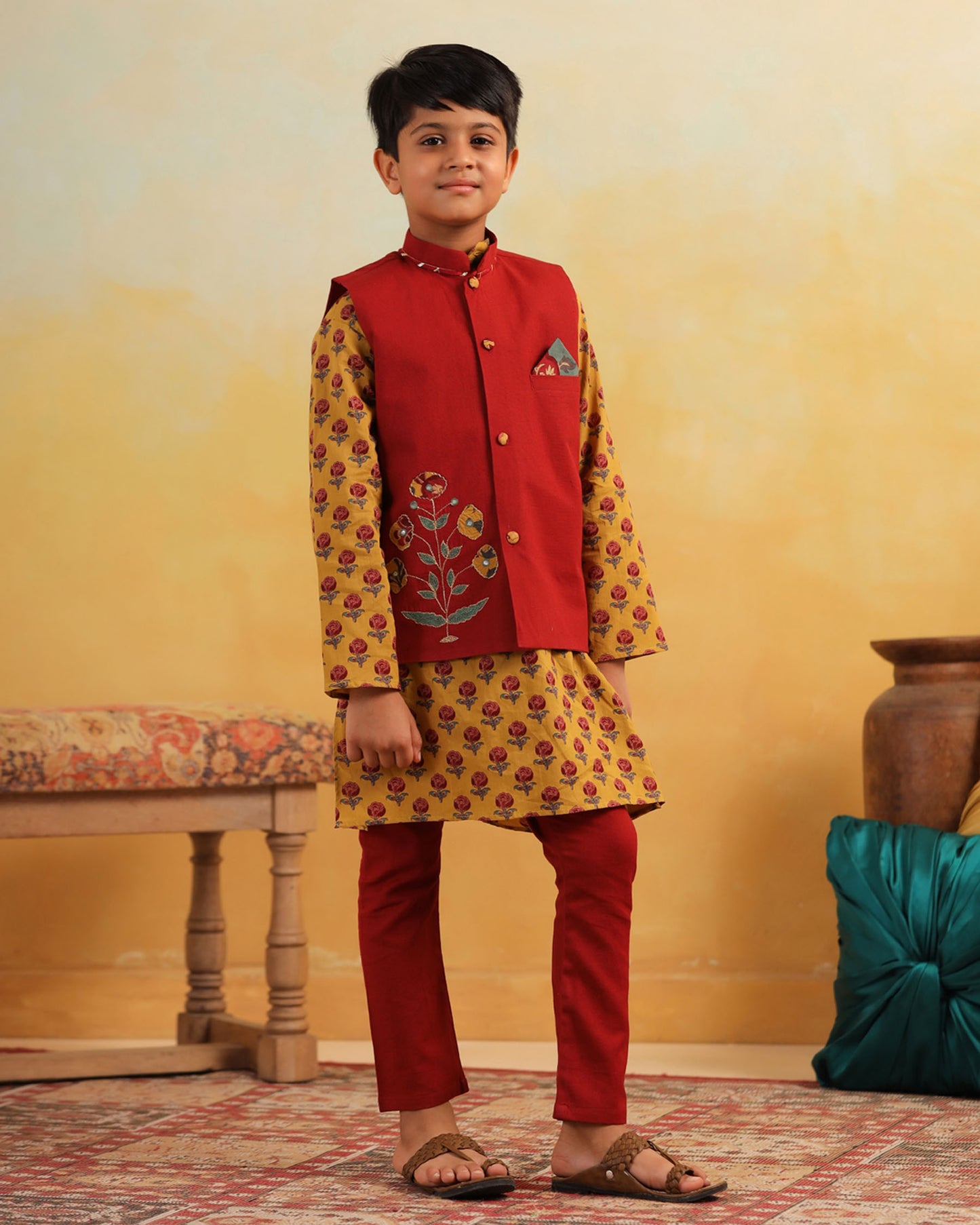 BOY DHOLA MARU EMBROIDERY BUNDY SET- MAROON AND MUSTARD