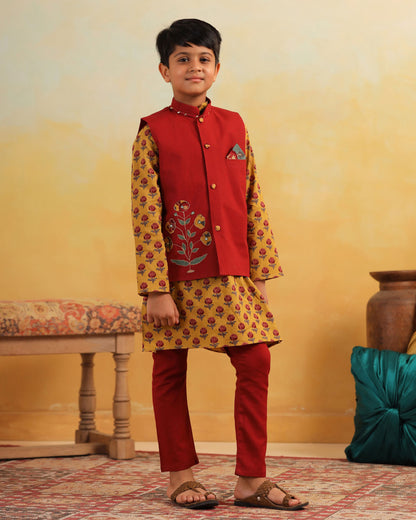 BOY DHOLA MARU EMBROIDERY BUNDY SET- MAROON AND MUSTARD