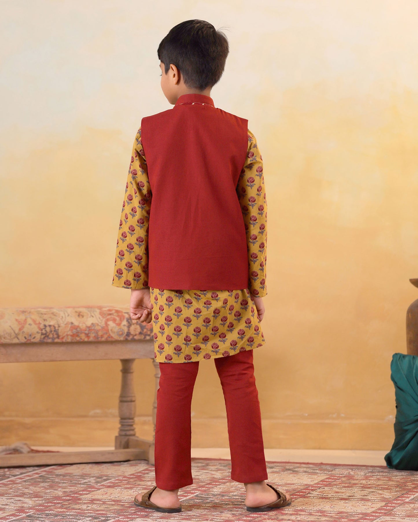 BOY DHOLA MARU EMBROIDERY BUNDY SET- MAROON AND MUSTARD
