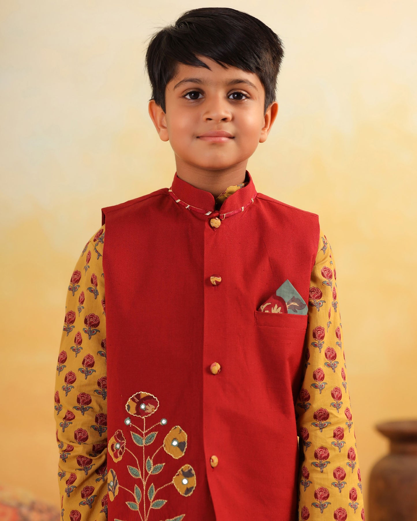 BOY DHOLA MARU EMBROIDERY BUNDY SET- MAROON AND MUSTARD