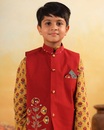 BOY DHOLA MARU EMBROIDERY BUNDY SET- MAROON AND MUSTARD