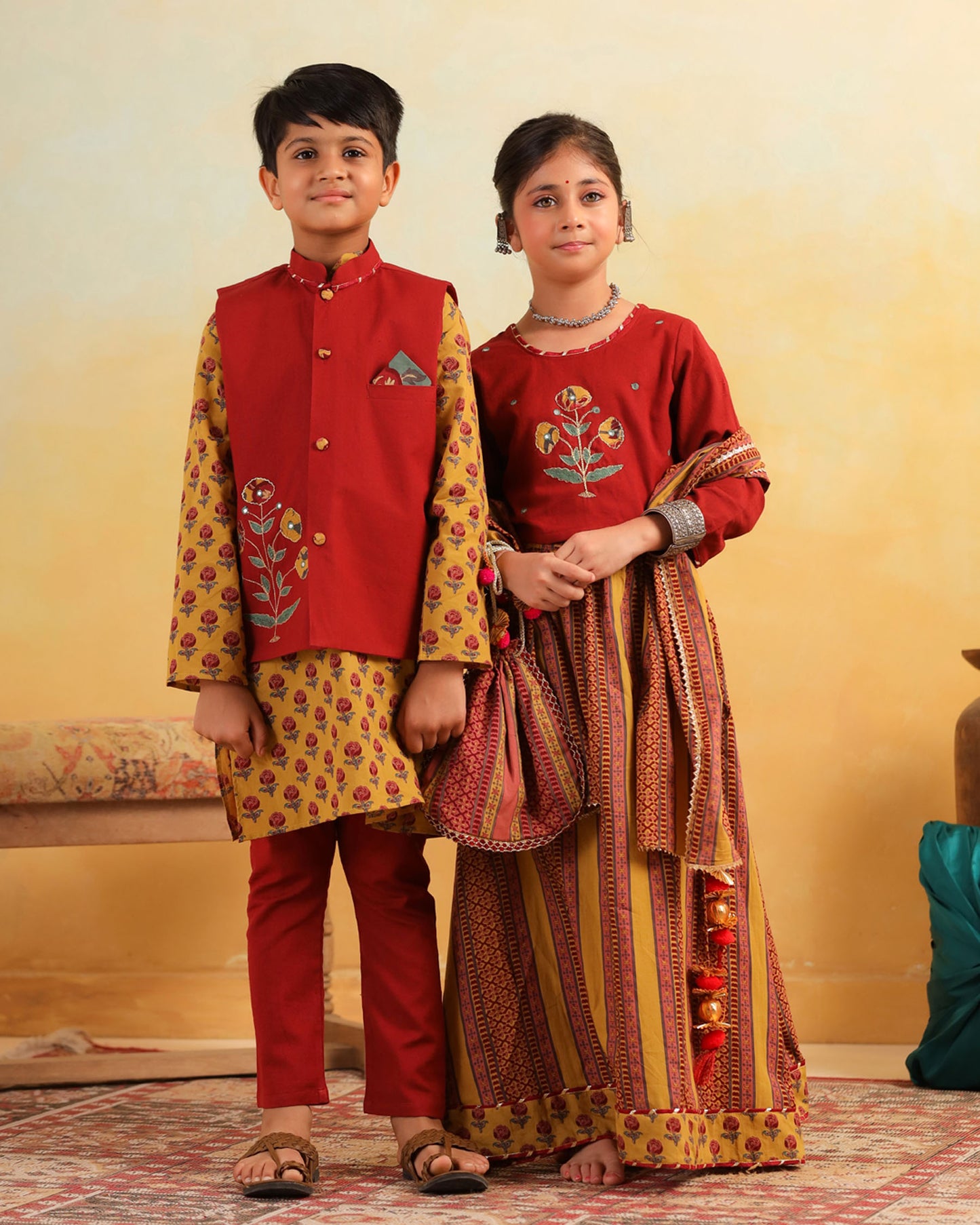 BOY DHOLA MARU EMBROIDERY BUNDY SET- MAROON AND MUSTARD