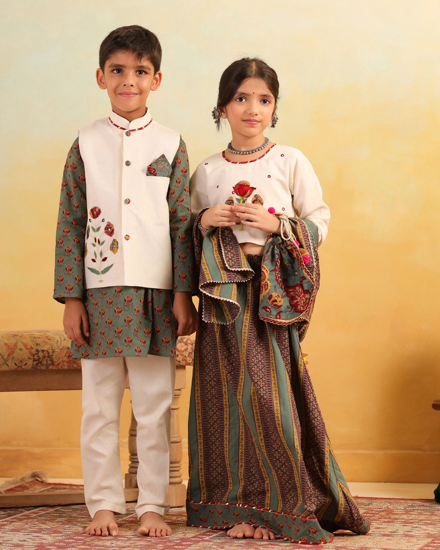 BOY DHOLA MARU EMBROIDERY BUNDY SET- BEIGE AND GREEN