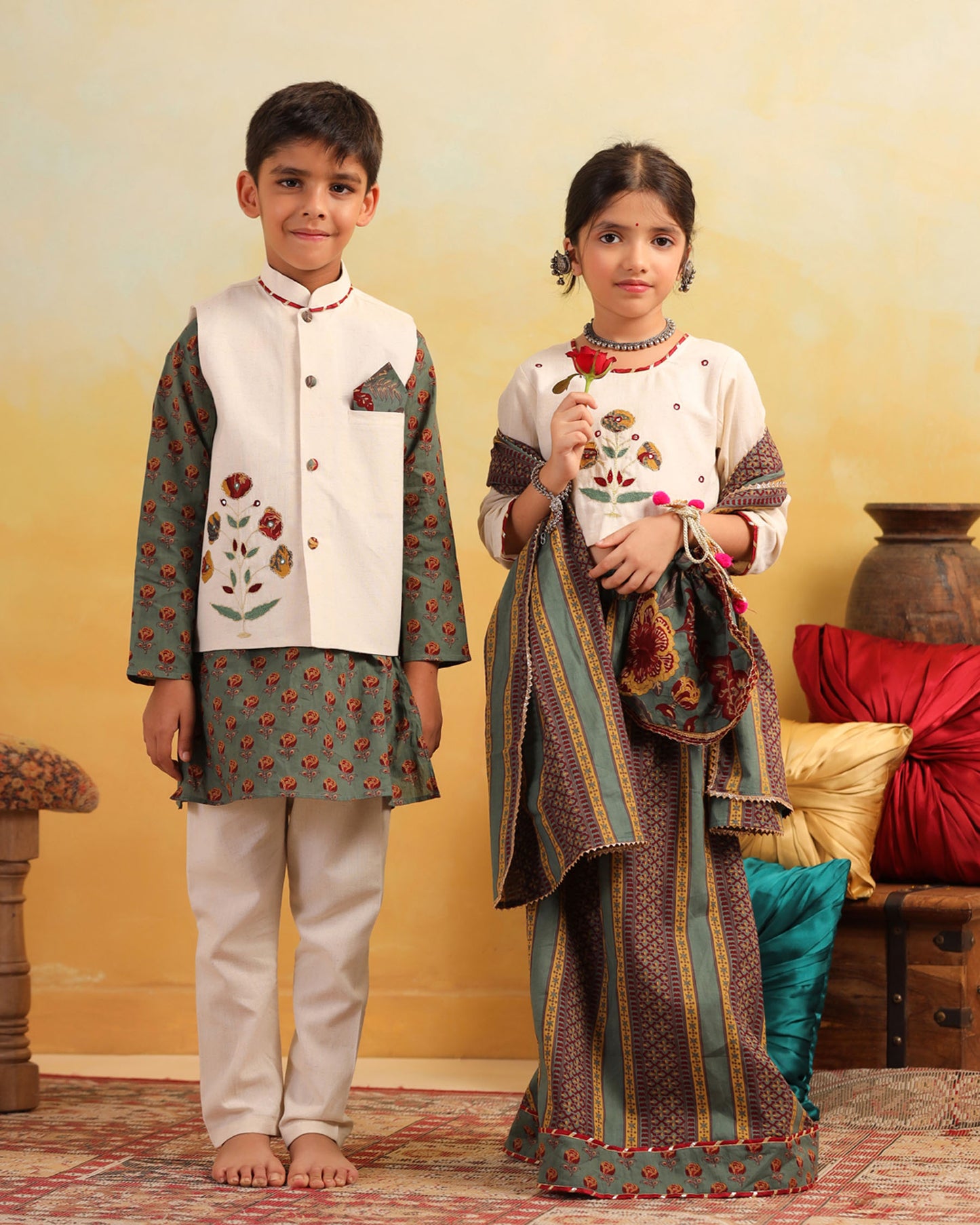 GIRL DHOLA MARU EMBROIDERED SKIRT SET-BEIGE AND GREEN