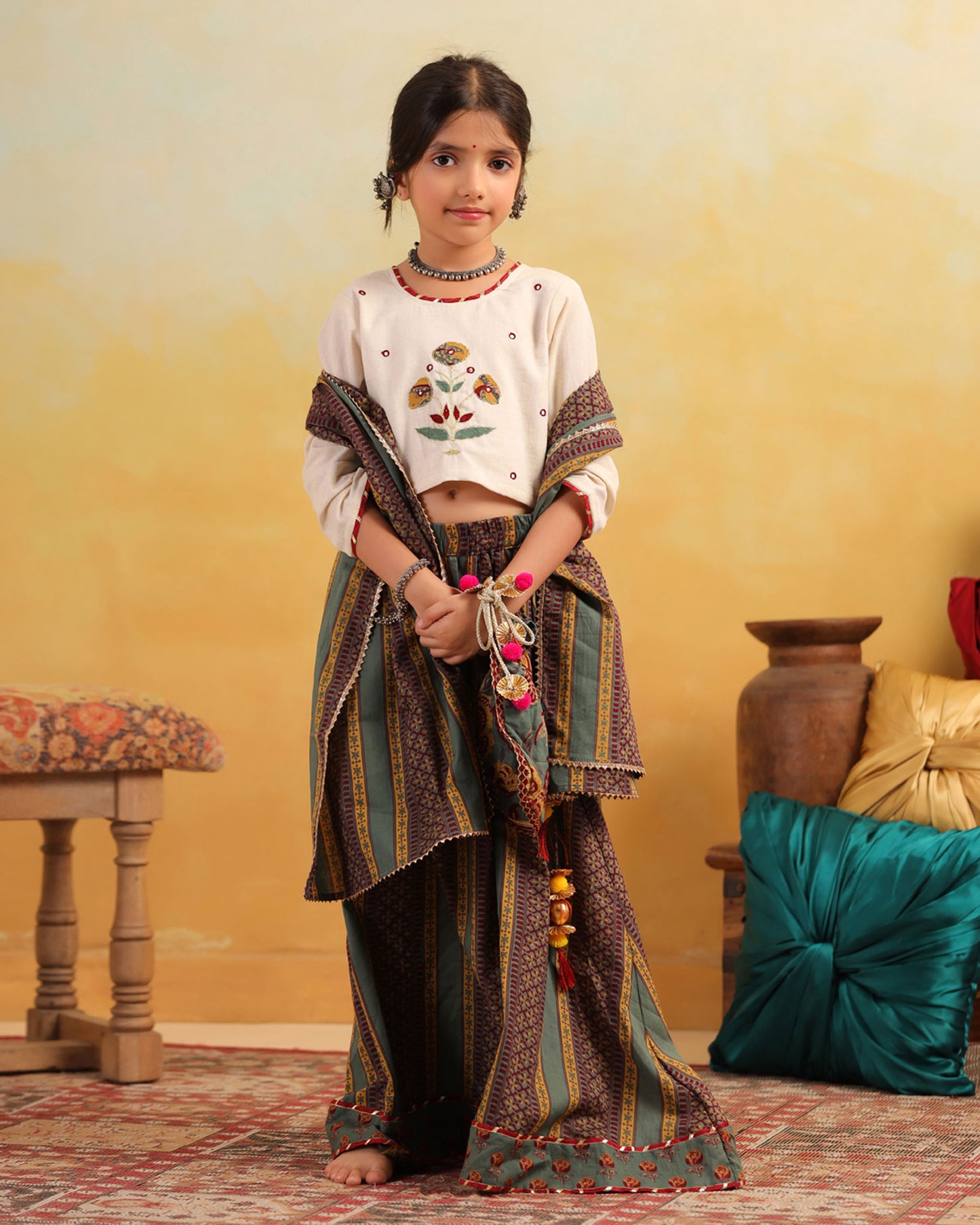 GIRL DHOLA MARU EMBROIDERED SKIRT SET-BEIGE AND GREEN