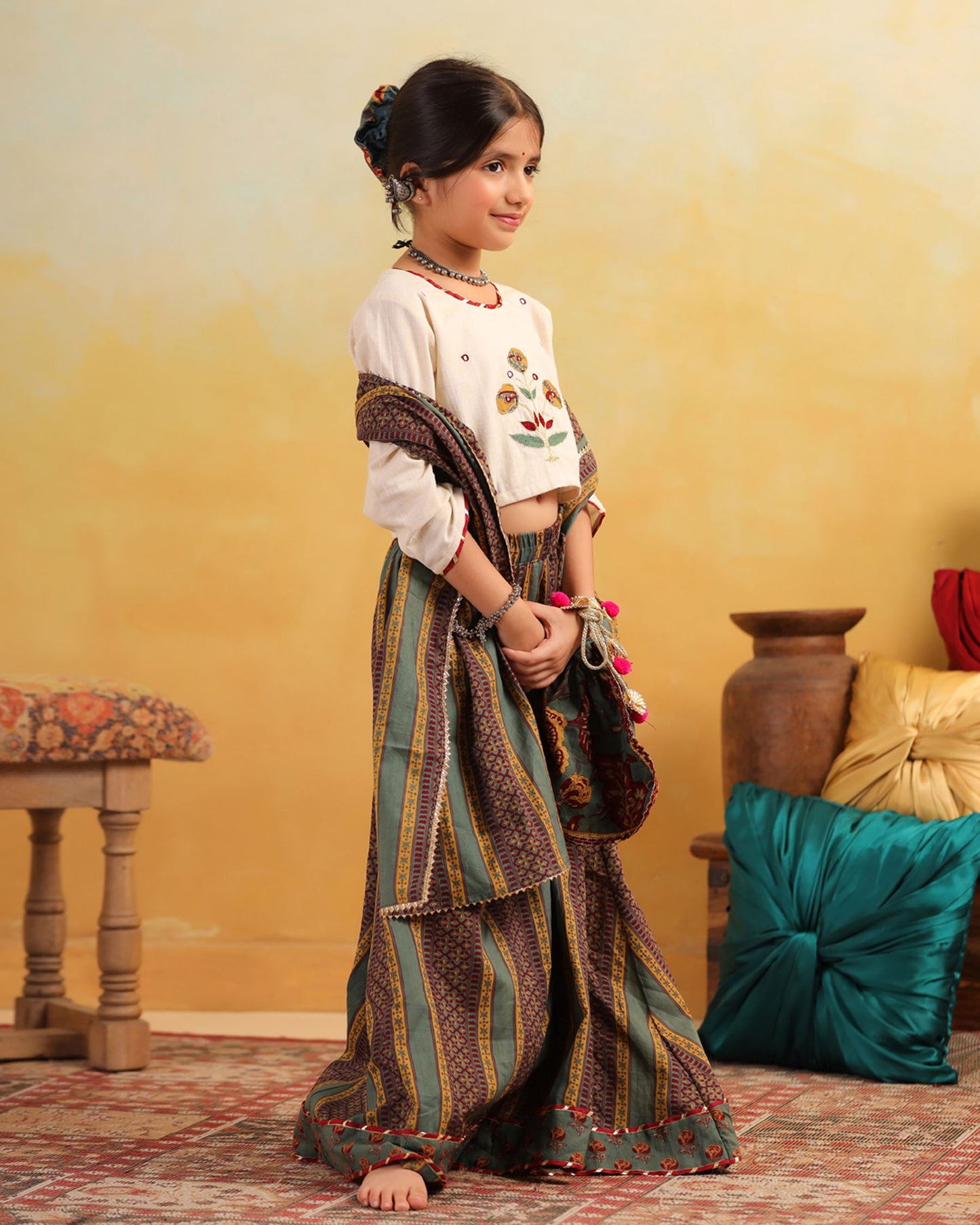 GIRL DHOLA MARU EMBROIDERED SKIRT SET-BEIGE AND GREEN