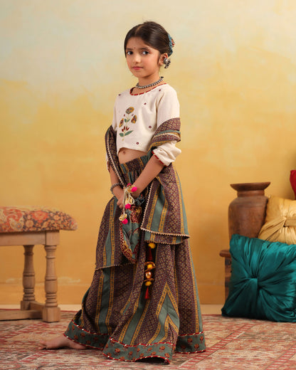 GIRL DHOLA MARU EMBROIDERED SKIRT SET-BEIGE AND GREEN