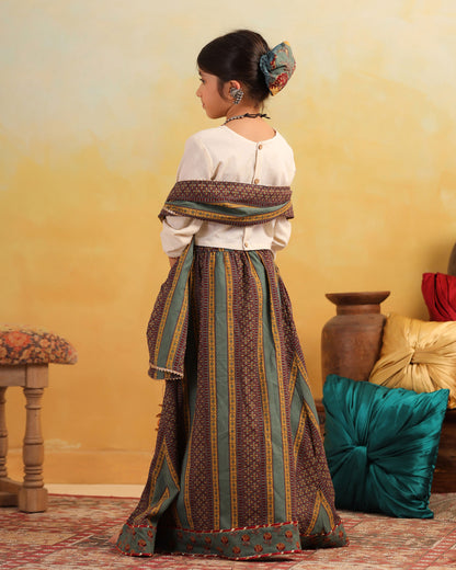 GIRL DHOLA MARU EMBROIDERED SKIRT SET-BEIGE AND GREEN