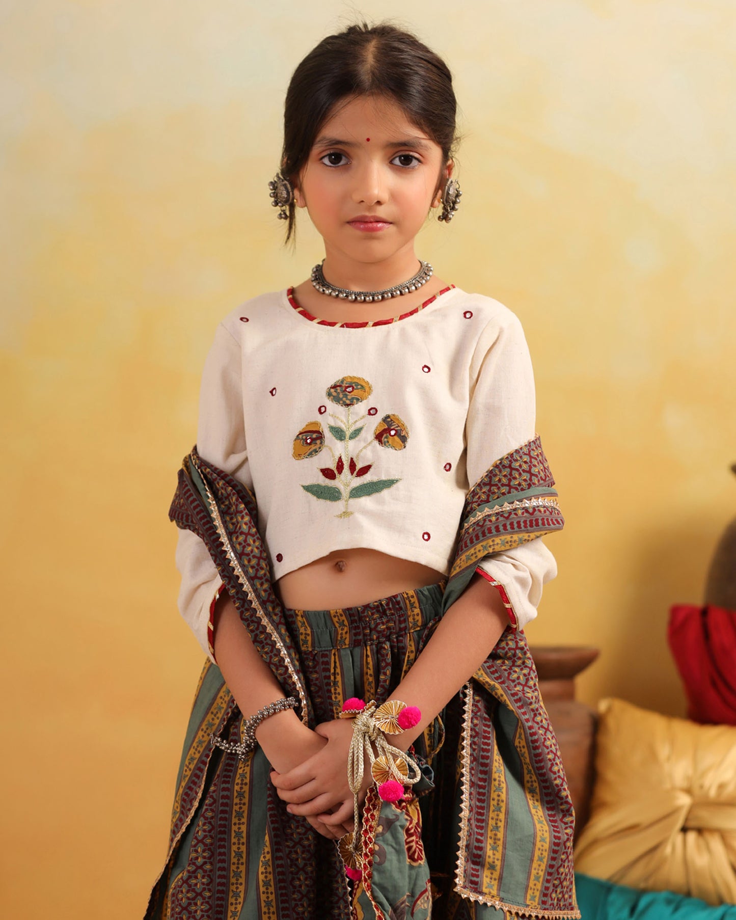 GIRL DHOLA MARU EMBROIDERED SKIRT SET-BEIGE AND GREEN