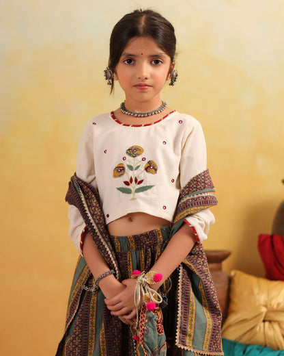 GIRL DHOLA MARU EMBROIDERED SKIRT SET-BEIGE AND GREEN