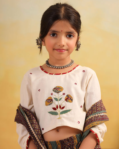 GIRL DHOLA MARU EMBROIDERED SKIRT SET-BEIGE AND GREEN