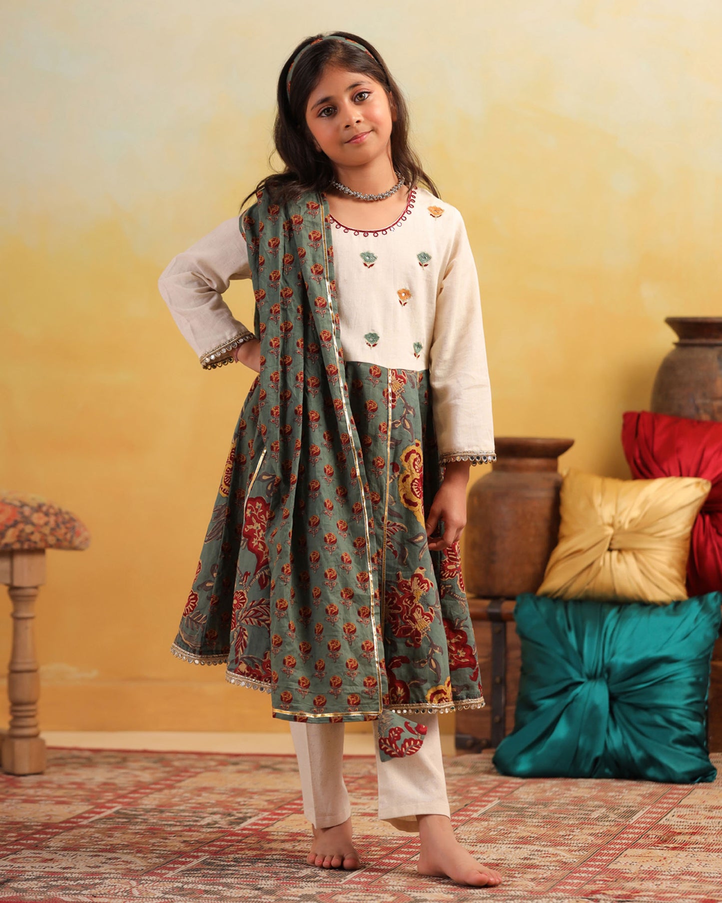 GIRL DHOLA MARU EMBROIDERED JAAL SUIT SET - GREEN AND BEIGE