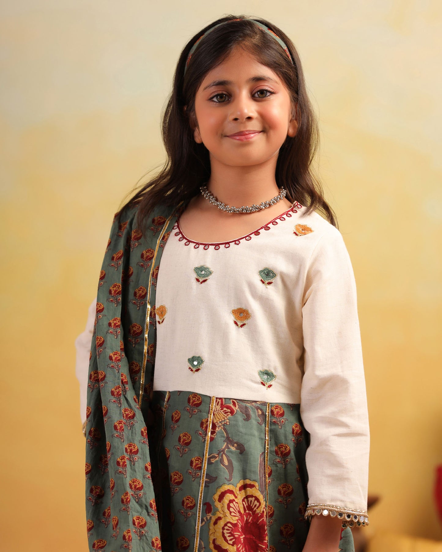 GIRL DHOLA MARU EMBROIDERED JAAL SUIT SET - GREEN AND BEIGE