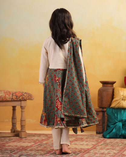 GIRL DHOLA MARU EMBROIDERED JAAL SUIT SET - GREEN AND BEIGE