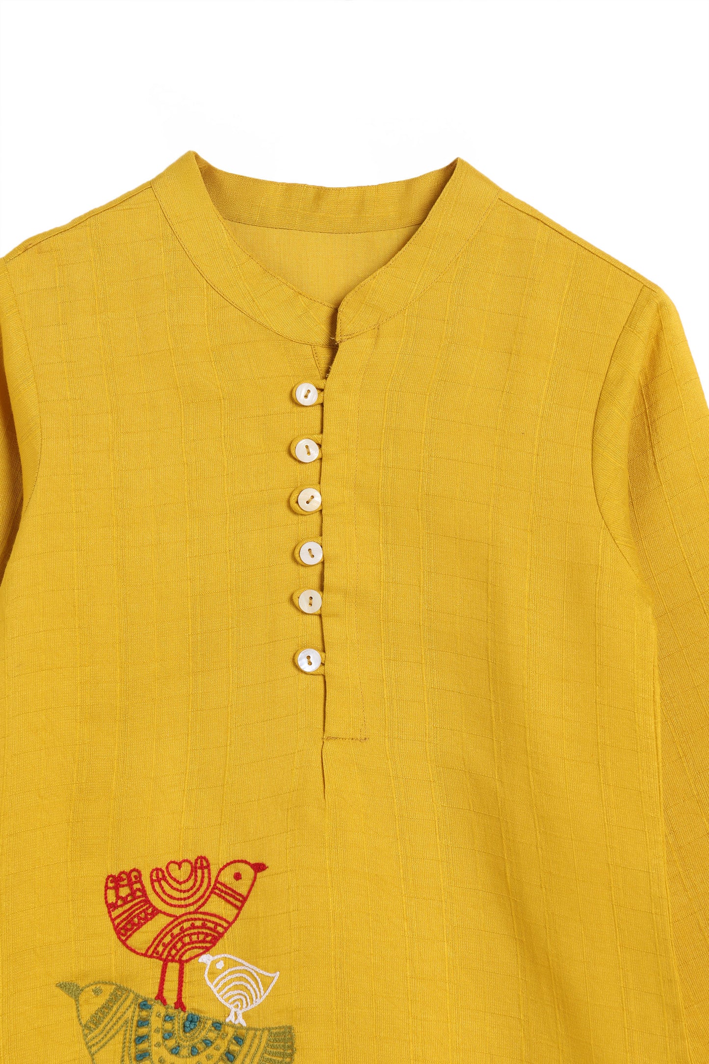 Three Little Threaded Birds Mustard Kurta Set
