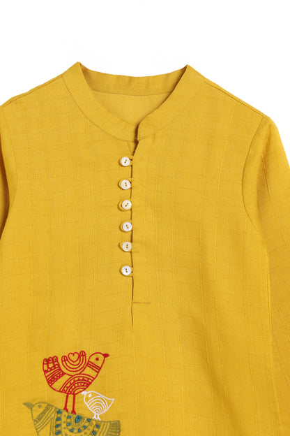 Three Little Threaded Birds Mustard Kurta Set