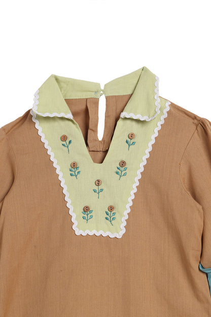 Playful Petals Puff Sleeve Beige  Dress